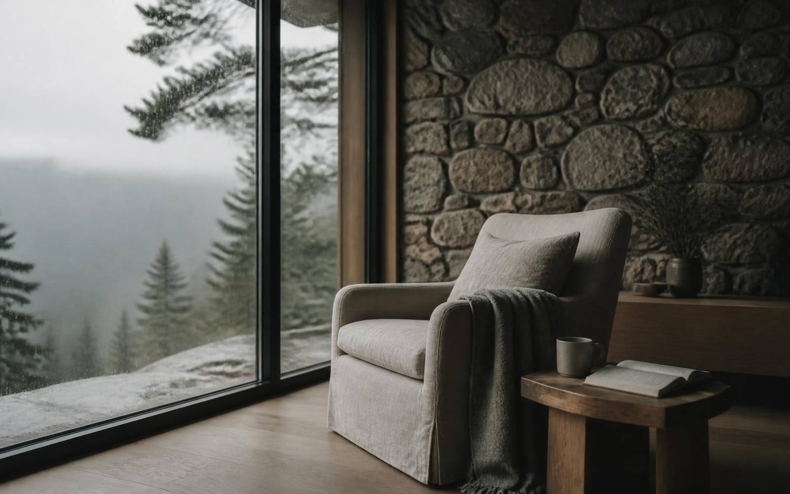A linen chair beside a tall window, soft rain over a misty forest beyond the glass