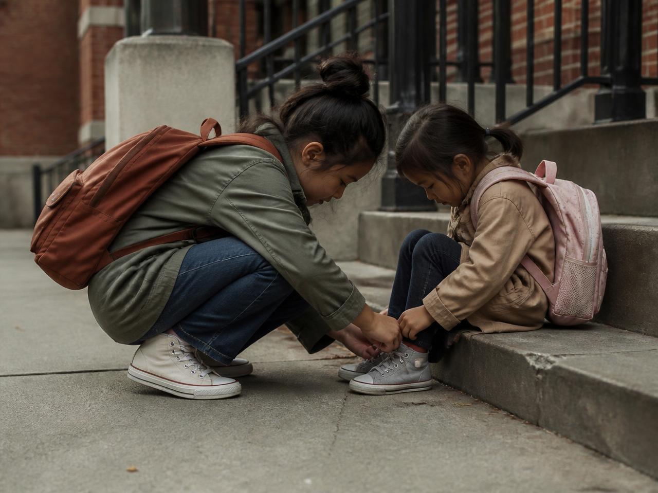 An older child crouching on school steps to tie a younger child's shoelace