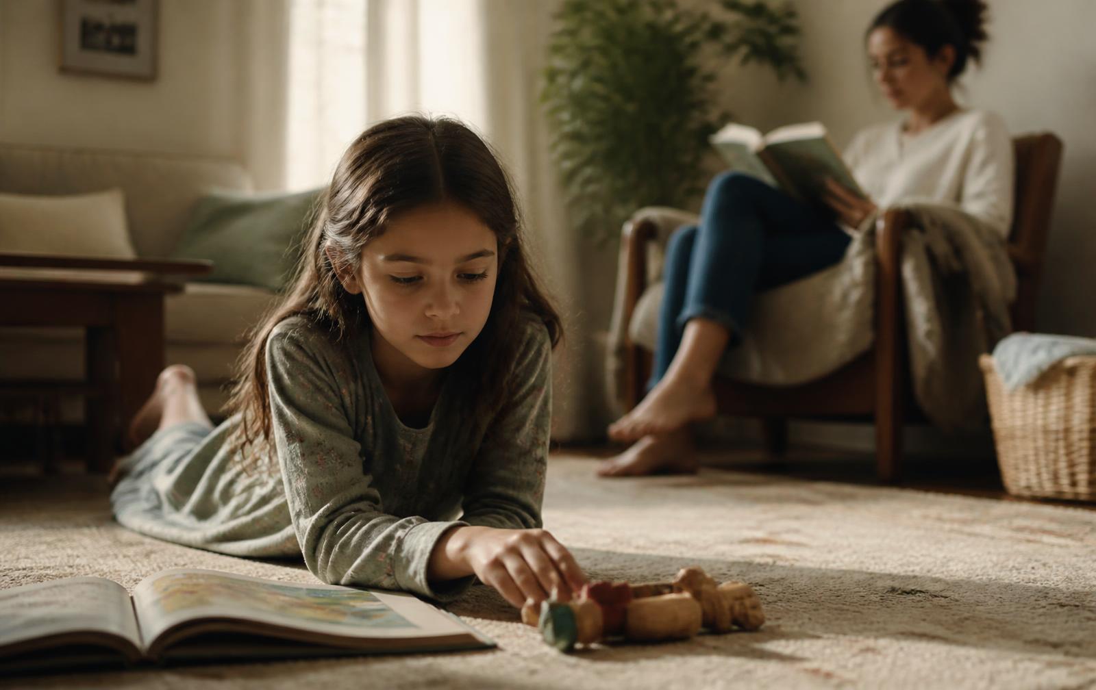 A ten-year-old girl playing quietly on a rug with a book while a parent reads in an armchair behind her