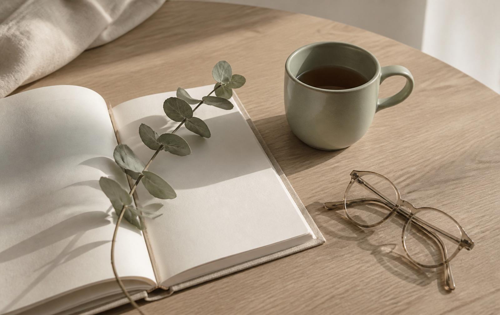 An open notebook, tea and eucalyptus on a sunlit oak table