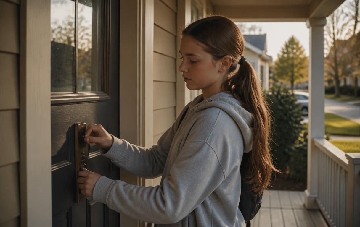 A twelve-year-old girl locking the front door of a house behind her, checking it twice, in soft afternoon light