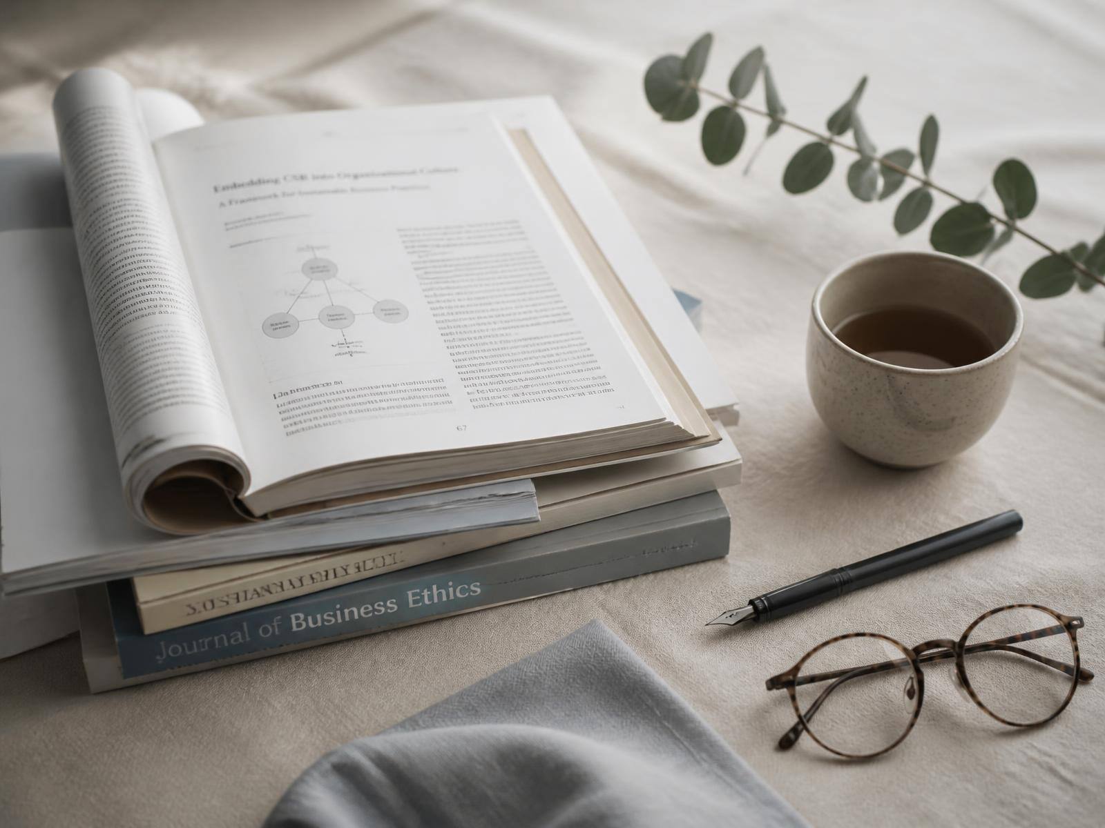 An open research journal and notebook on a warm wooden desk