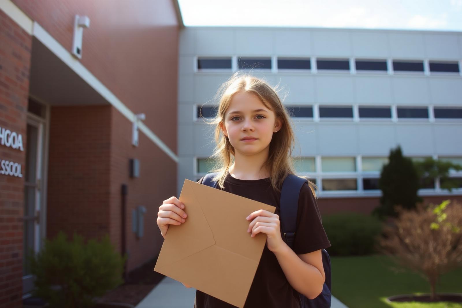 A seventeen-year-old girl standing outside a school gate holding an envelope, her father beside her with a reassuring hand on her shoulder, bright morning light
