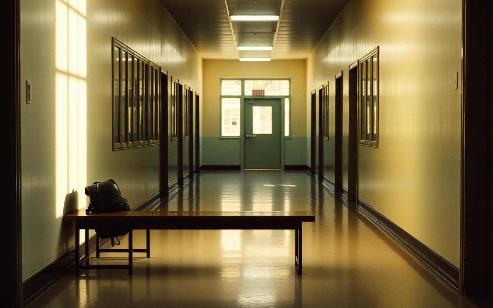 An empty school corridor in morning light with a single backpack on a bench