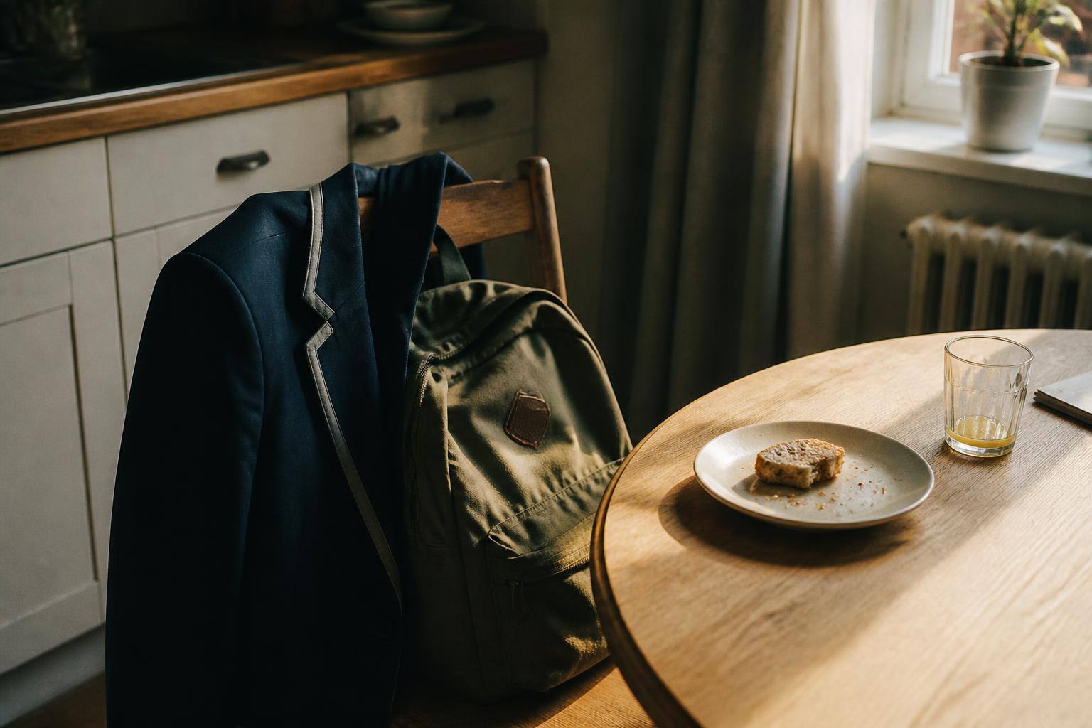 An eleven-year-old in school uniform resting their head on their hand at the kitchen table before school