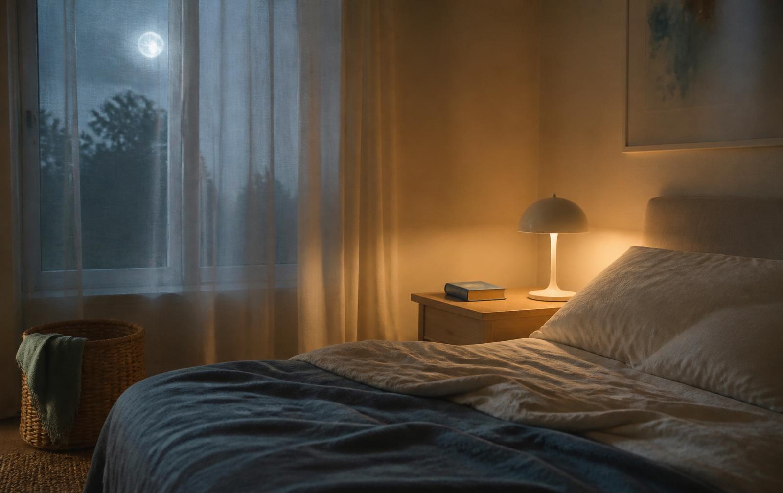 A child's bedroom prepared for sleep at dusk with a small warm lamp and books