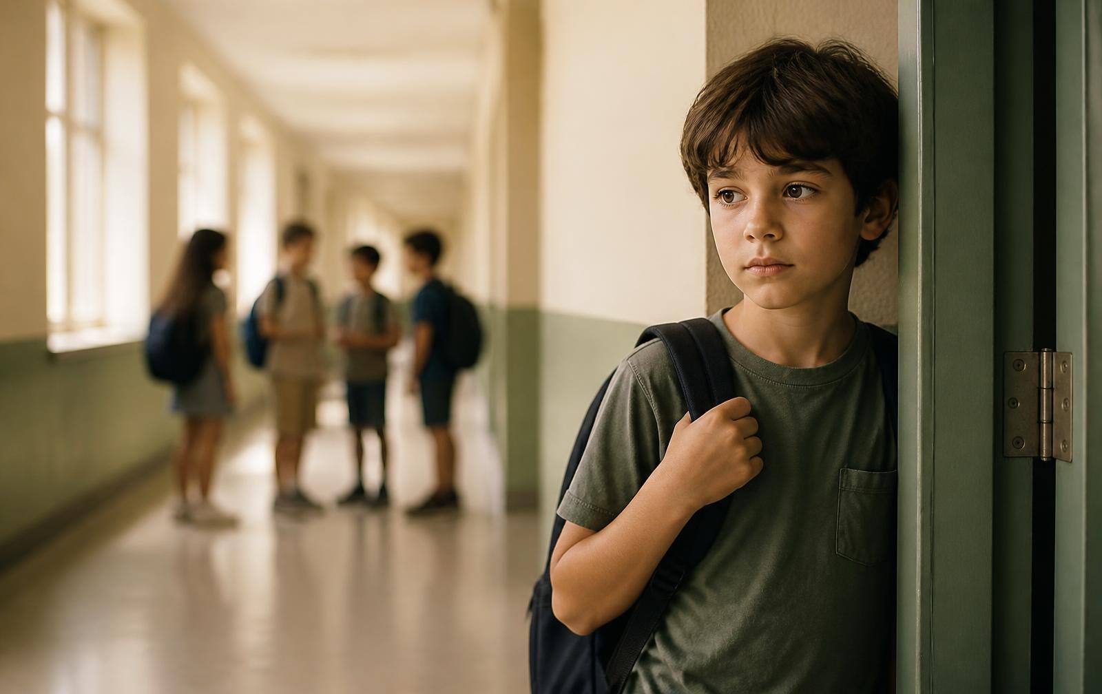 A nine-year-old standing quietly beside a school corridor doorway, watching classmates talking in the background