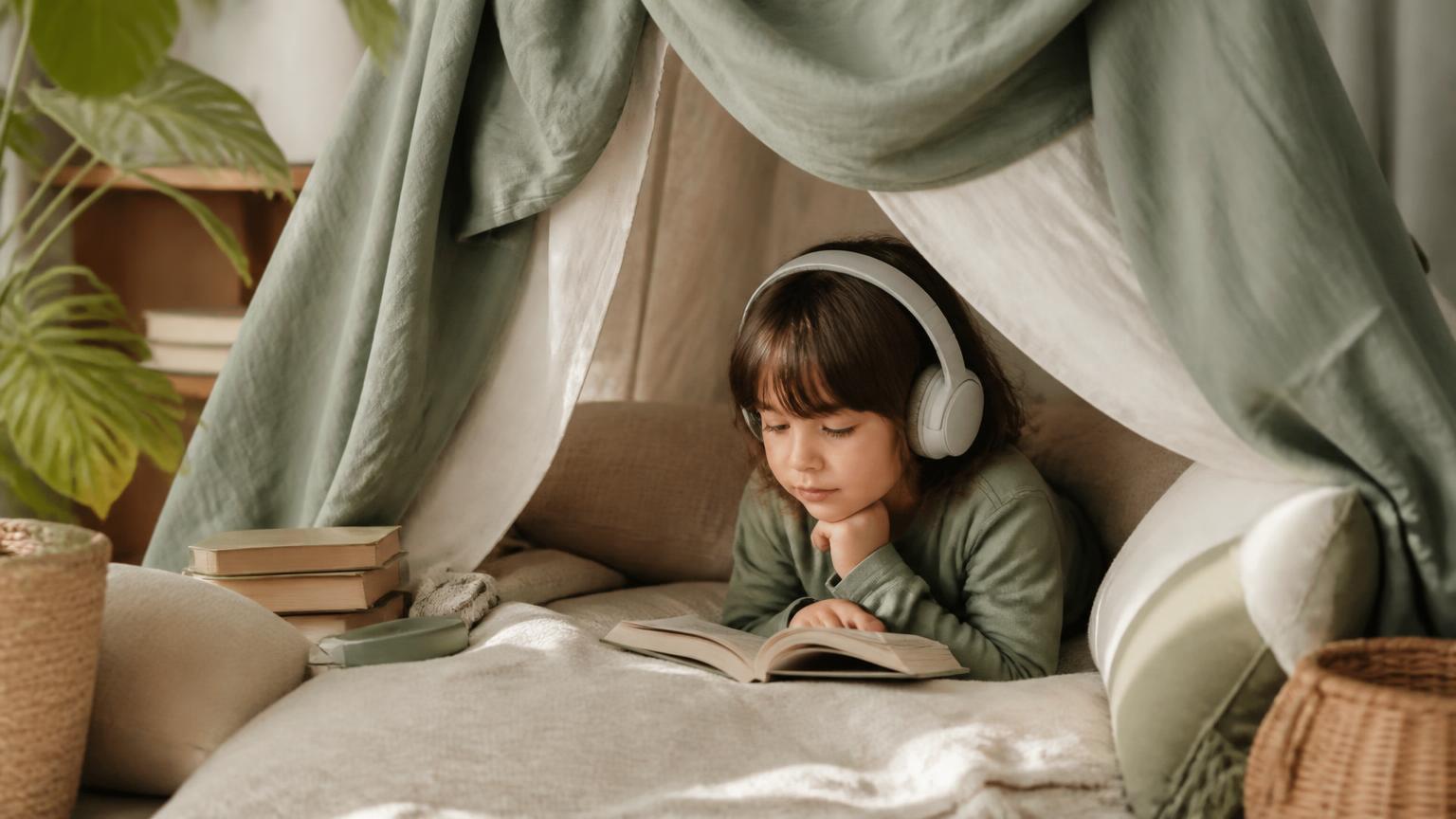 A child resting in a blanket den with soft headphones and a book