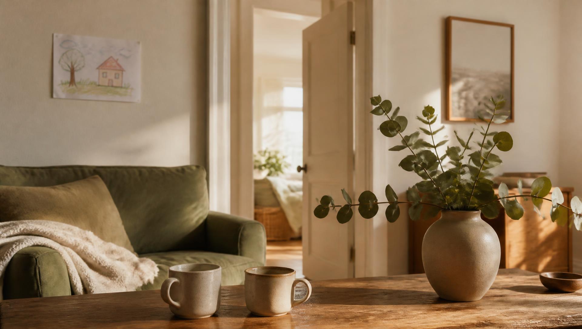 A calm, sunlit family home with two soft armchairs and a doorway opening onto a second warm home