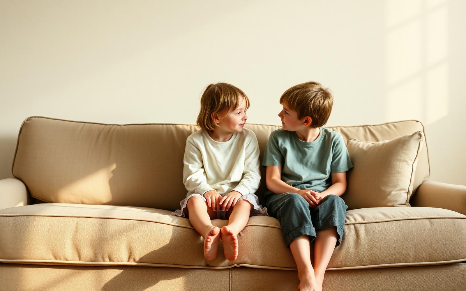 Two siblings sitting apart on a linen sofa in the quiet moments after an argument