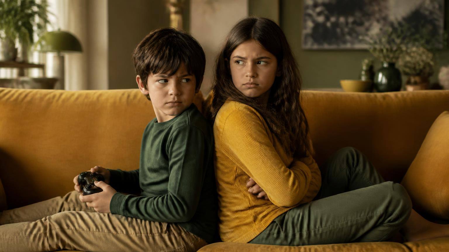 Two siblings sitting back to back on a sofa, one holding a games controller