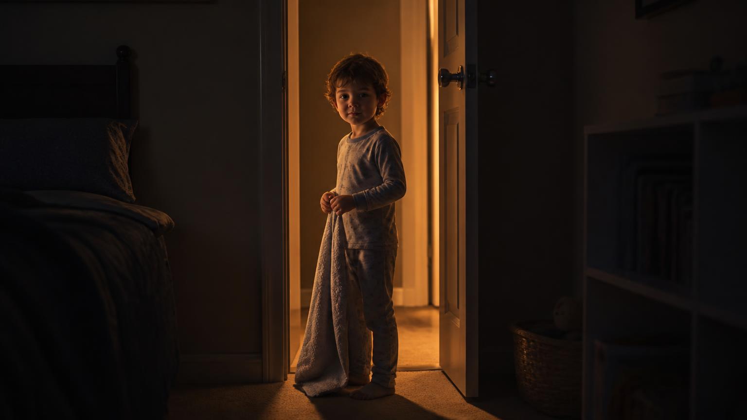 A child in pyjamas standing in a bedroom doorway at night holding a blanket