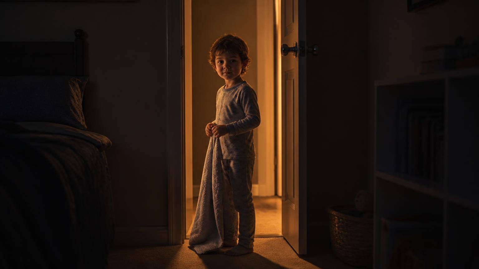 A child in pyjamas standing in a bedroom doorway at night holding a blanket