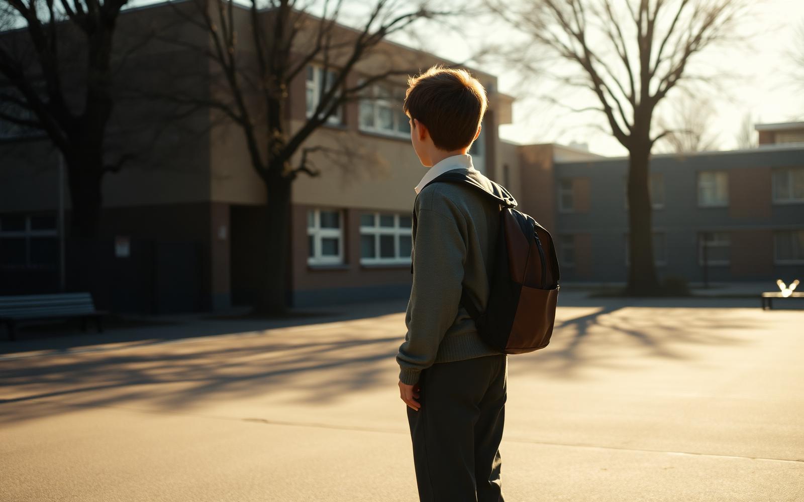 A school-age boy of about eleven standing alone at the edge of a sunlit school playground, seen from behind