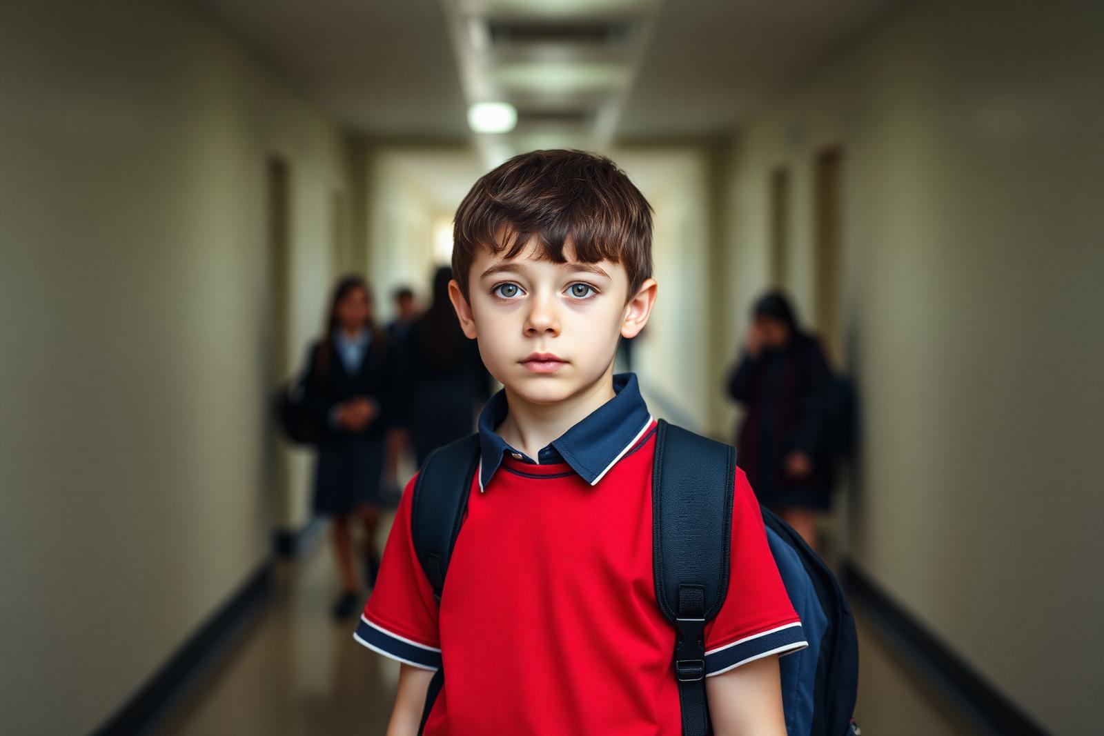 A thirteen-year-old boy in school uniform standing with a rucksack outside a school entrance, other pupils walking past, cool morning light