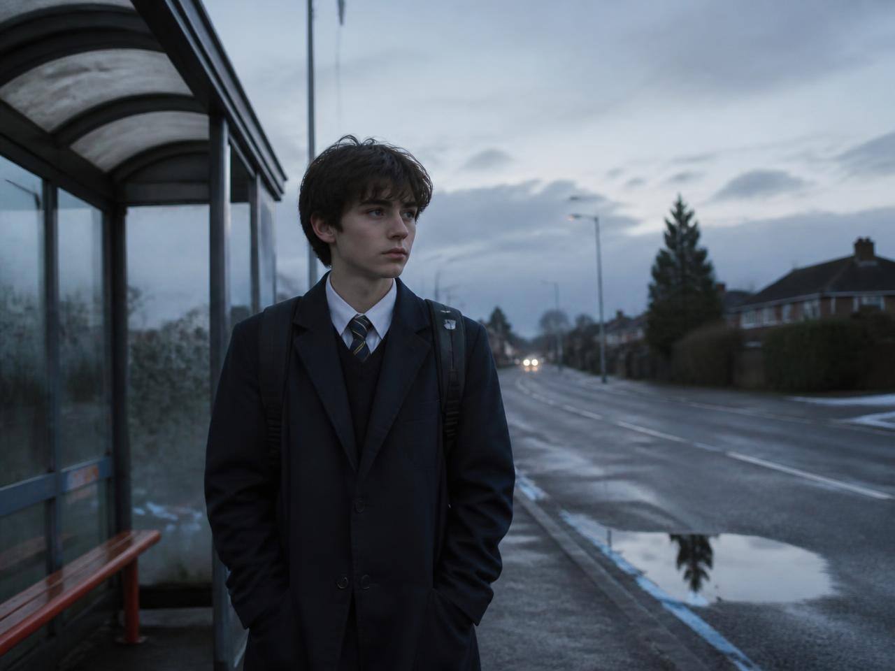 A young teenager in a new school blazer waiting alone at a bus stop on a grey early morning