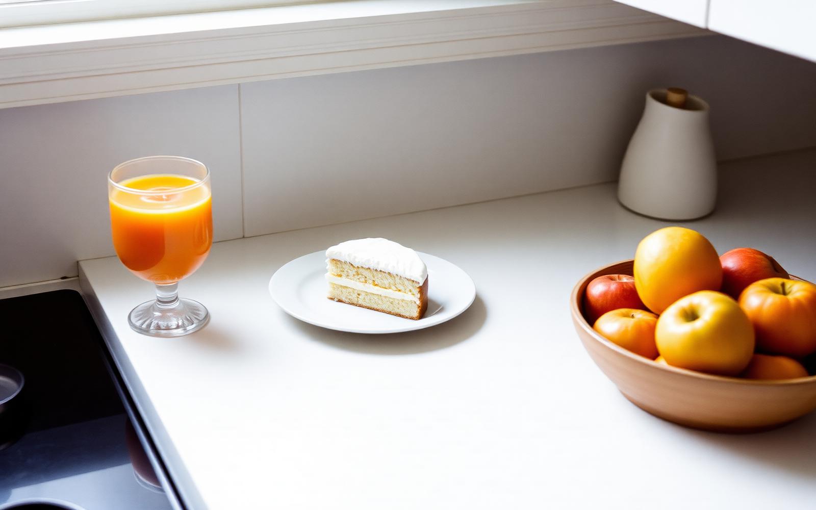A plain kitchen counter with a slice of iced cake on a white plate, a glass of orange squash and a bowl of apples in soft daylight