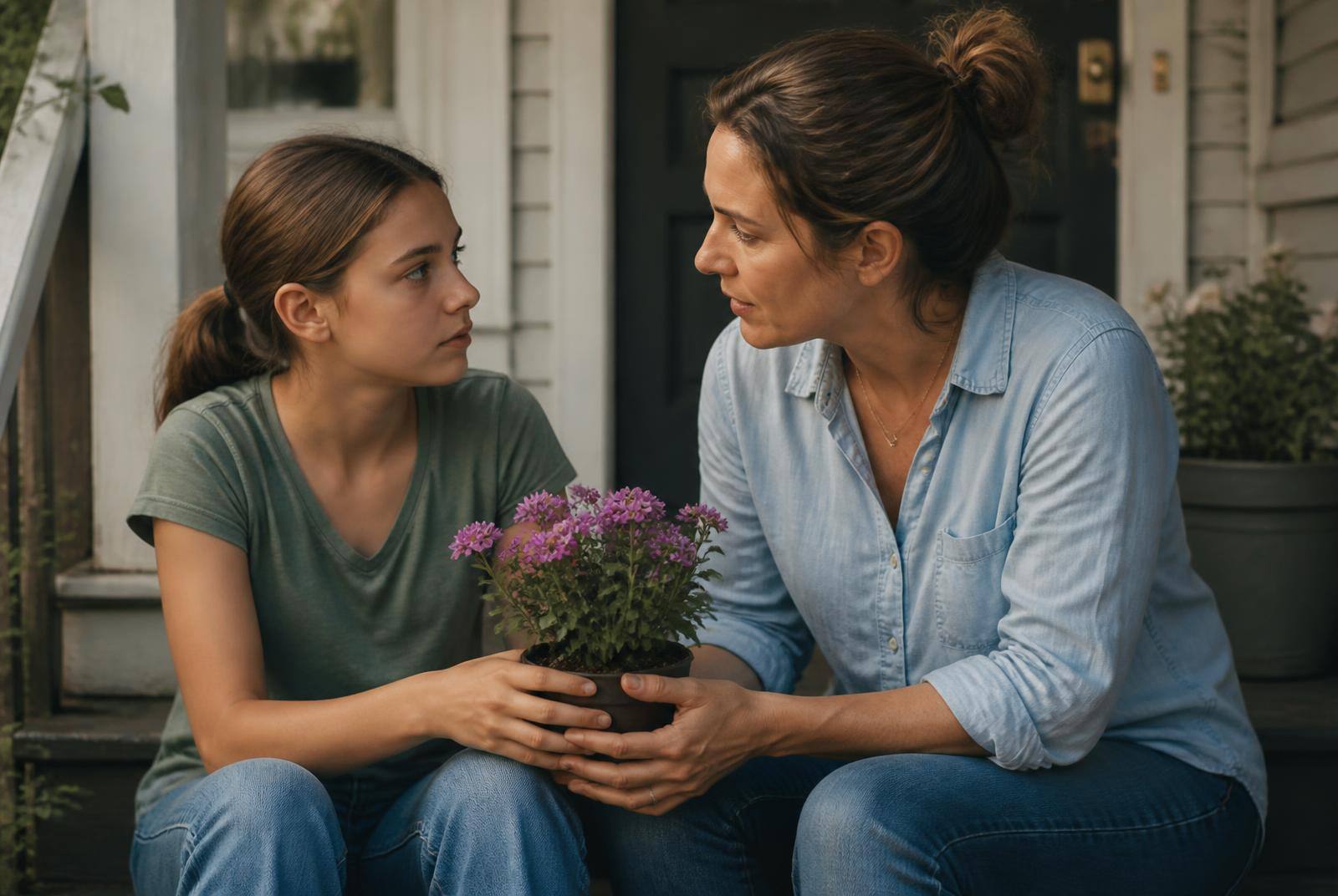 A parent and child sitting side by side on a porch step, gently holding a small potted flowering plant together