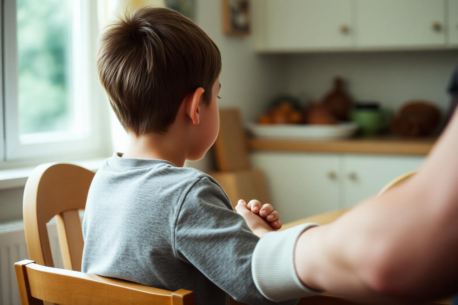 Documentary photograph: a child sitting at a kitchen table in soft window light, listening as a parent talks with them