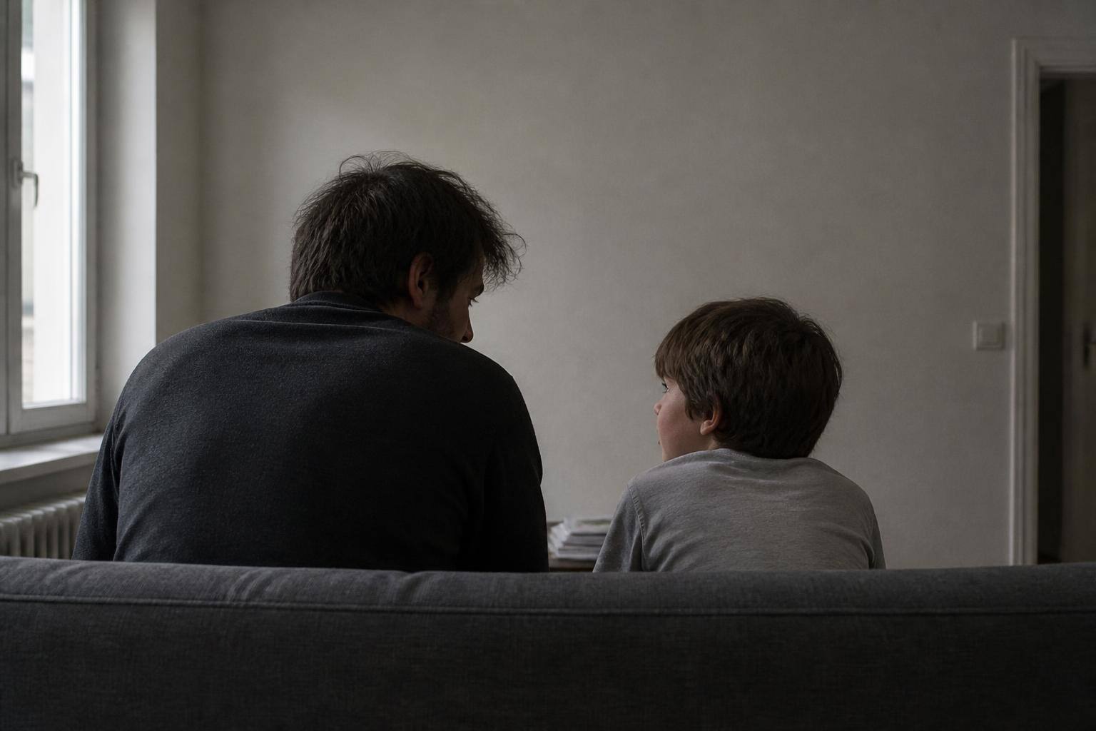 Documentary photograph: a child sitting at a kitchen table in soft window light, listening as a parent talks with them
