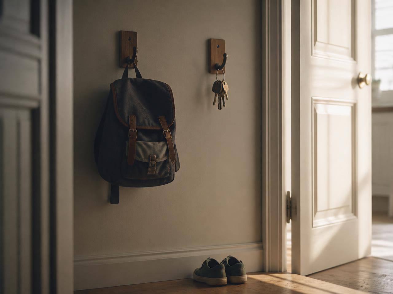 A hallway with a child's backpack on one hook and a set of house keys on a second hook, morning light through an open door