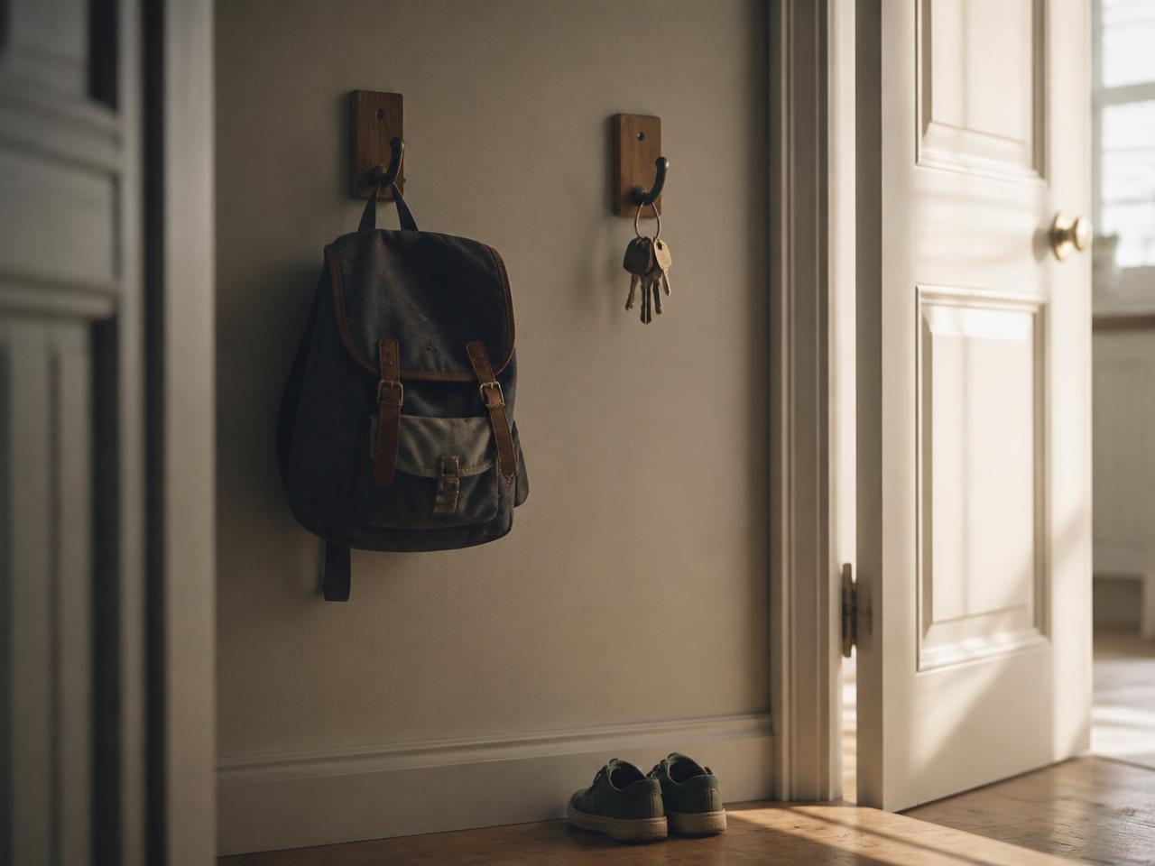 A hallway with a child's backpack on one hook and a set of house keys on a second hook, morning light through an open door