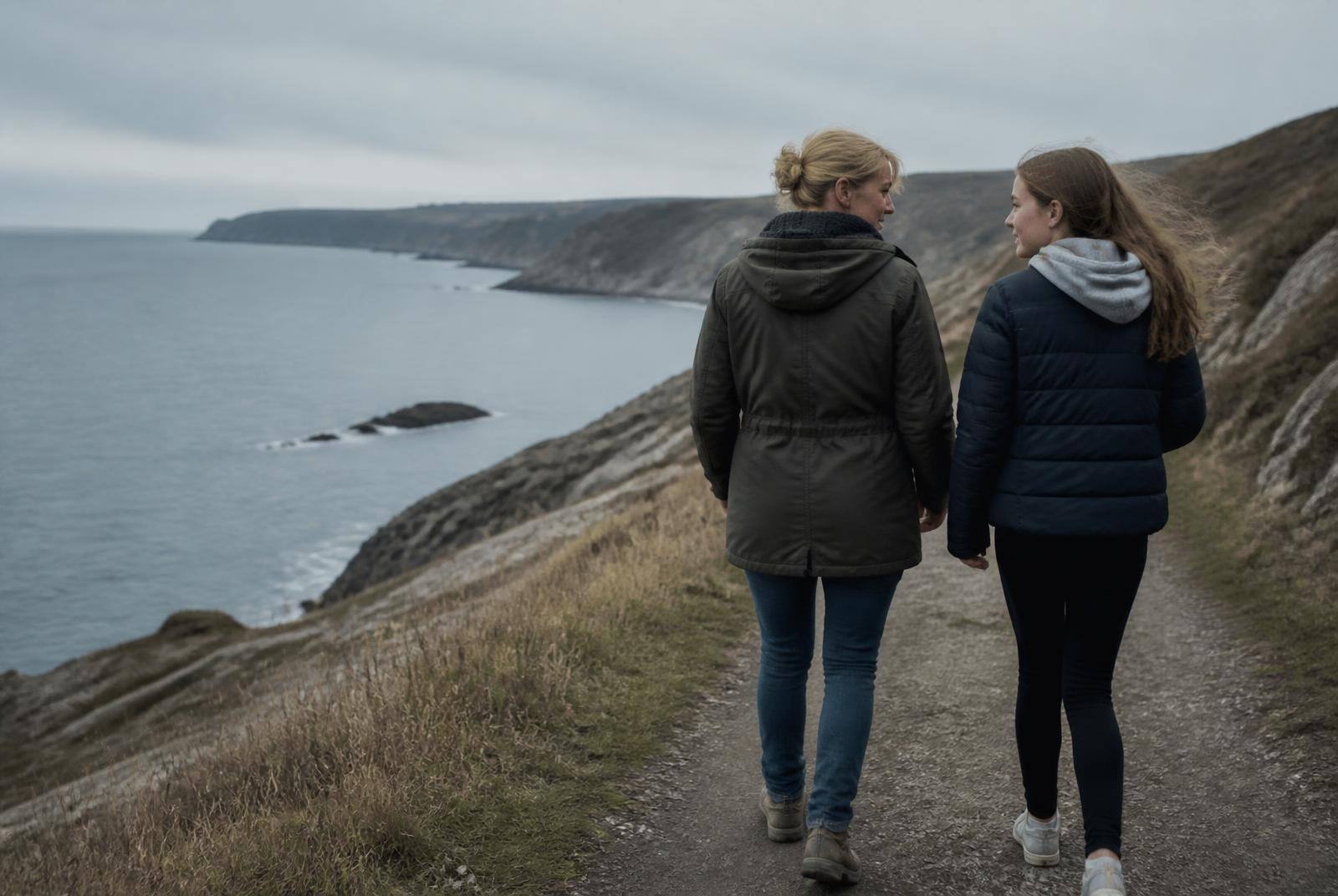 A parent and their teenager walking together along a coastal path, talking as they go