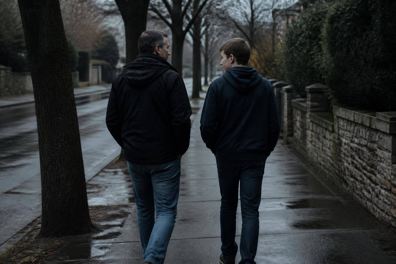 A parent and their teenager walking side by side on a tree-lined street, talking