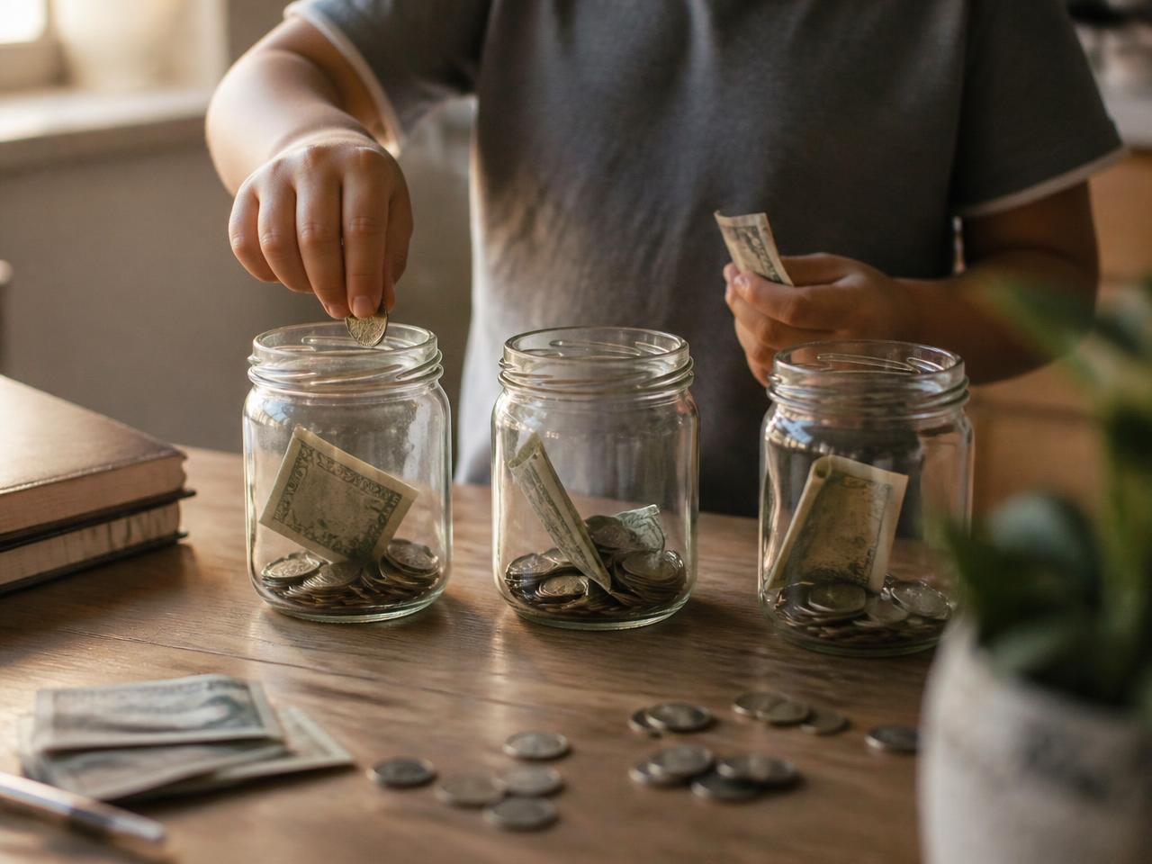 A child's hands dropping a coin into one of three glass jars of savings on a wooden kitchen table