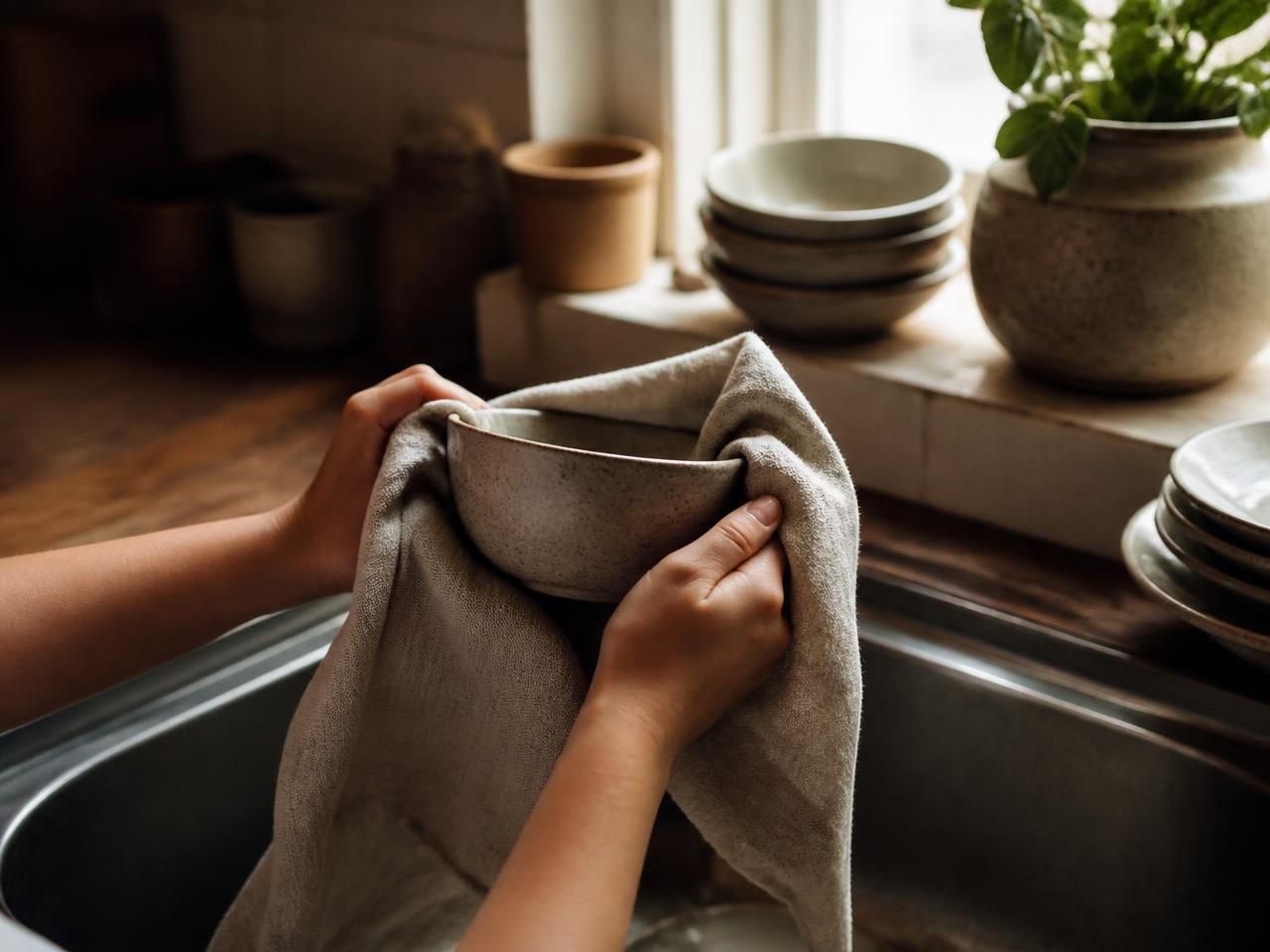 A child's hands drying a ceramic bowl with a linen tea towel at a sunlit kitchen sink