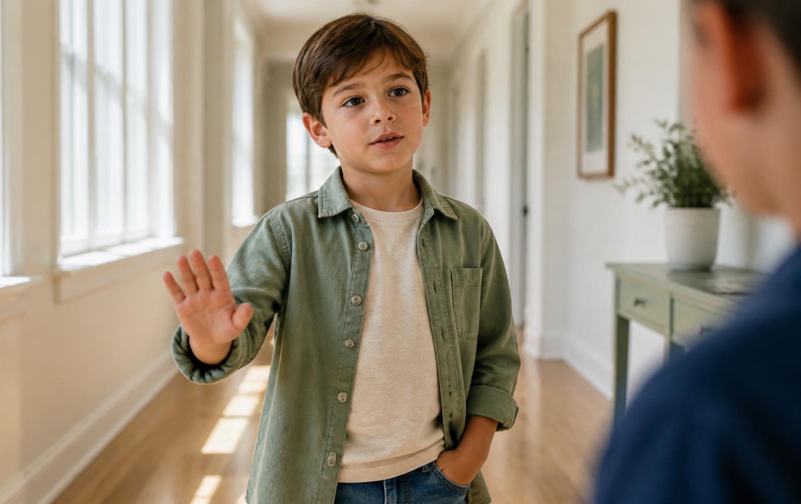 An eight-year-old boy in a bright hallway holding up a calm hand while speaking to someone off camera