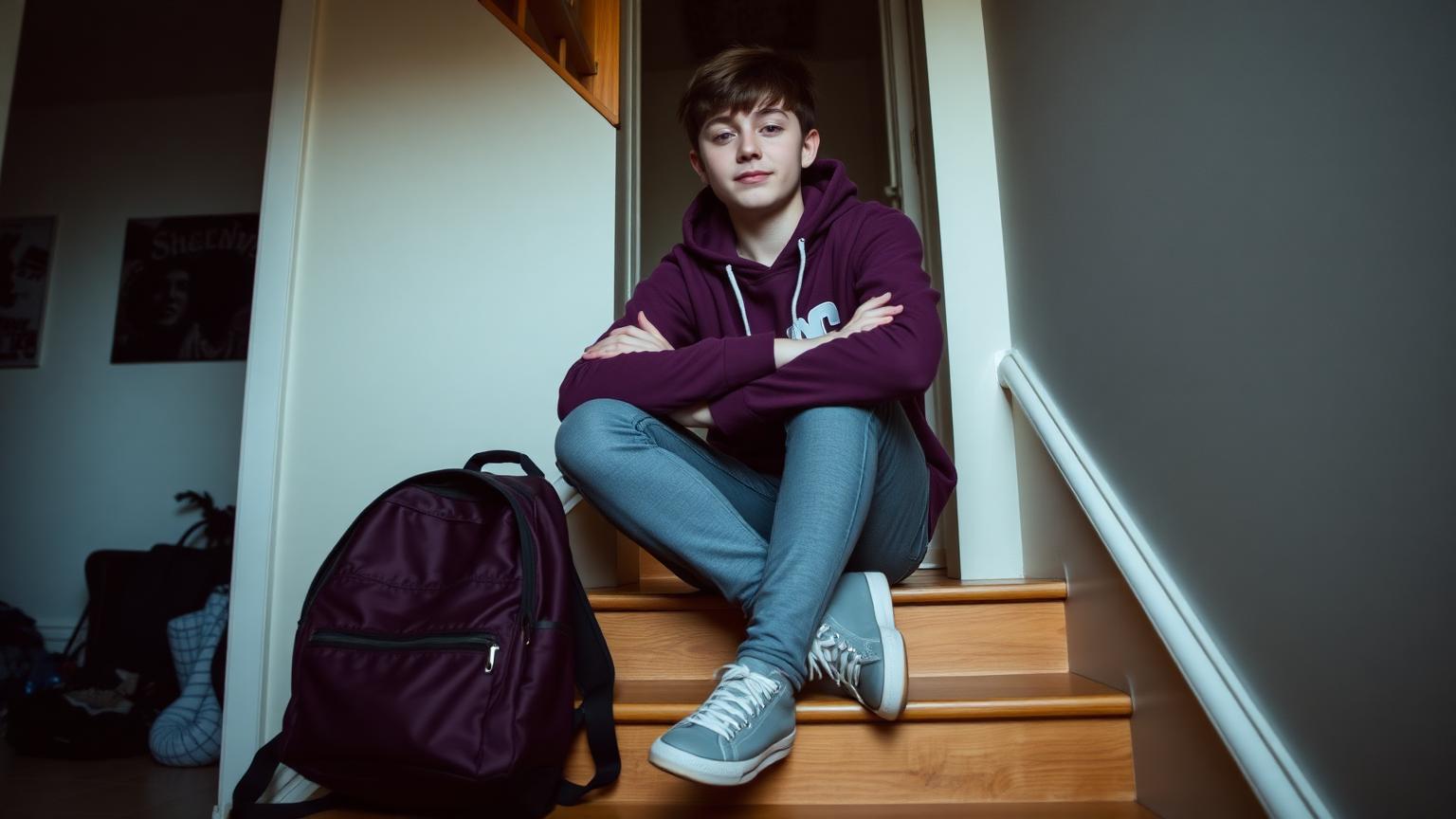 A teenager sitting on the stairs at home with their school bag, arms folded