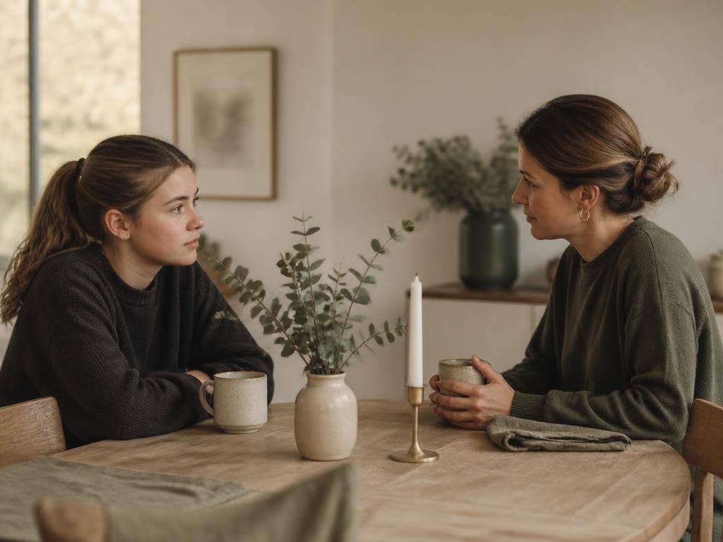 A parent and their teenage daughter talking quietly across a kitchen table