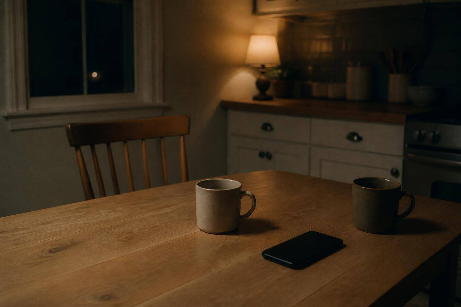 A parent and teenage daughter sitting across a wooden table with mugs, eucalyptus and a taper candle in soft morning light, having a calm, warm conversation