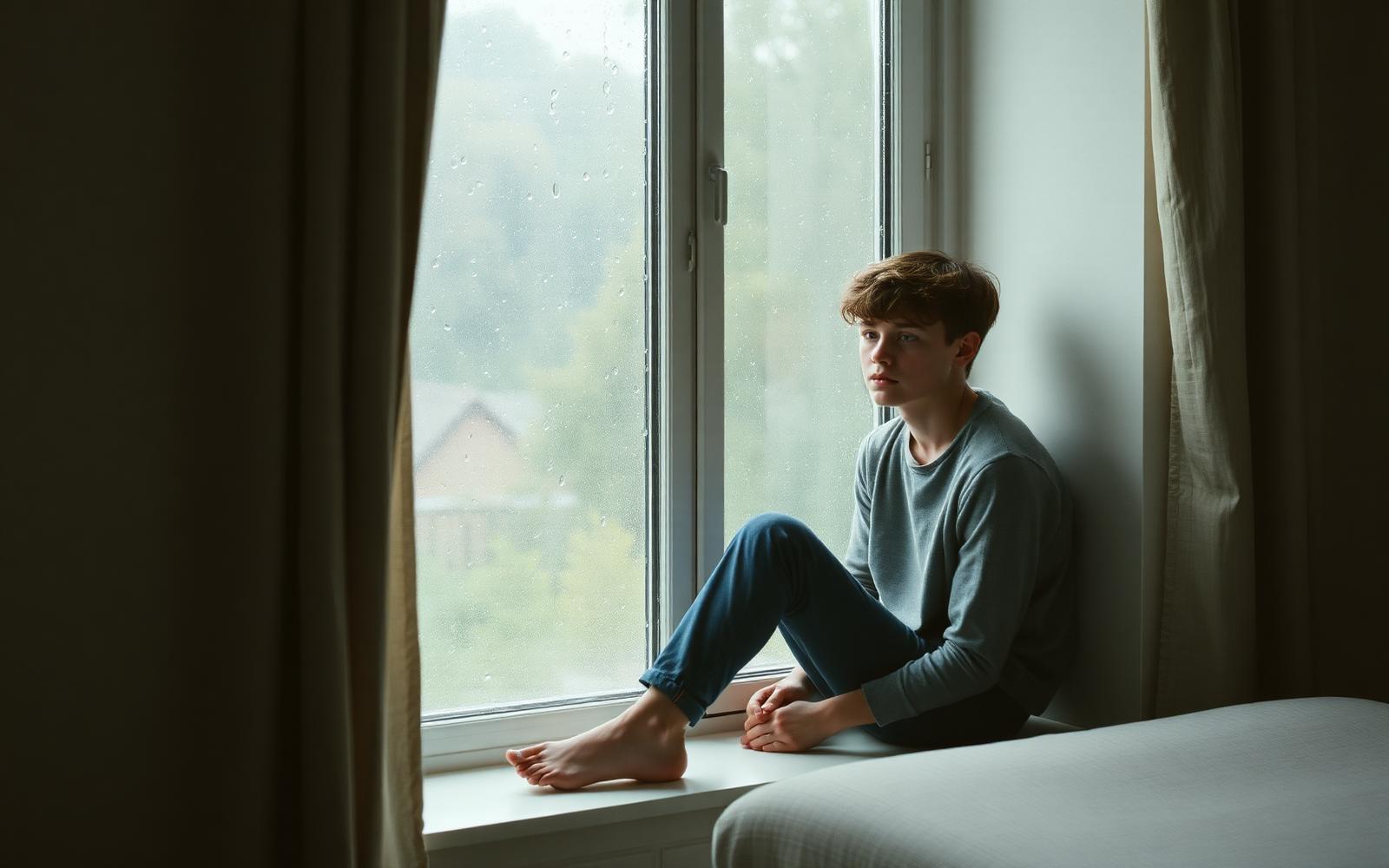 A teenager sitting quietly at a rain-streaked bedroom window in soft grey light
