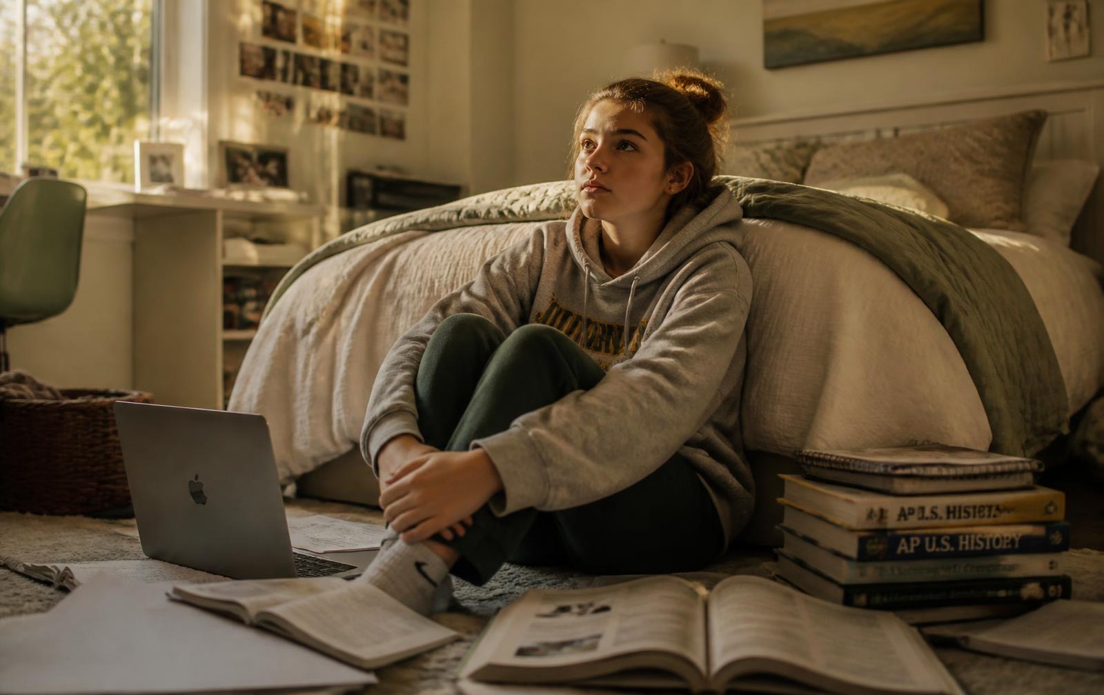 A teenager sitting on the bedroom floor against the bed with untouched schoolwork around them