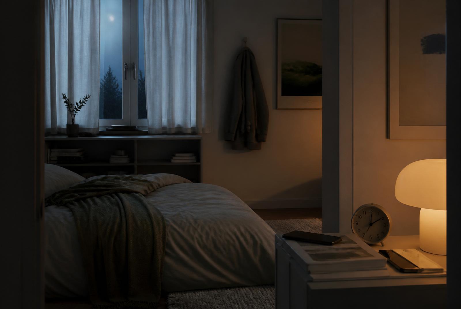 A bedside table at dawn with a small brass alarm clock, a glass of water and a eucalyptus sprig
