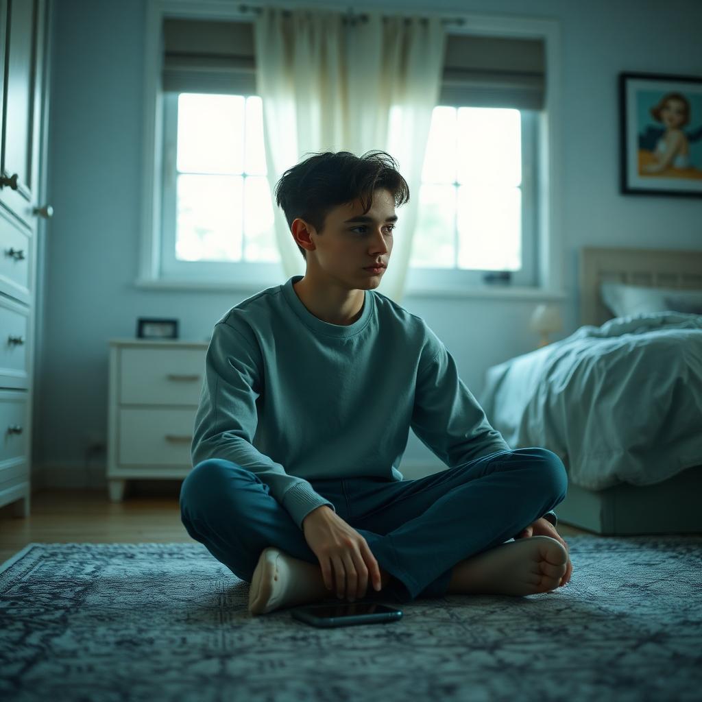 A thoughtful 16-year-old teenager sitting quietly in a warm, softly lit bedroom looking reflectively away from a smartphone, with a calm editorial atmosphere