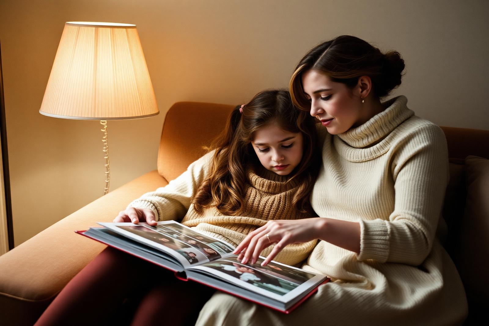 A mother and her ten-year-old adopted son sitting together on a sofa looking at a photo album in soft afternoon light