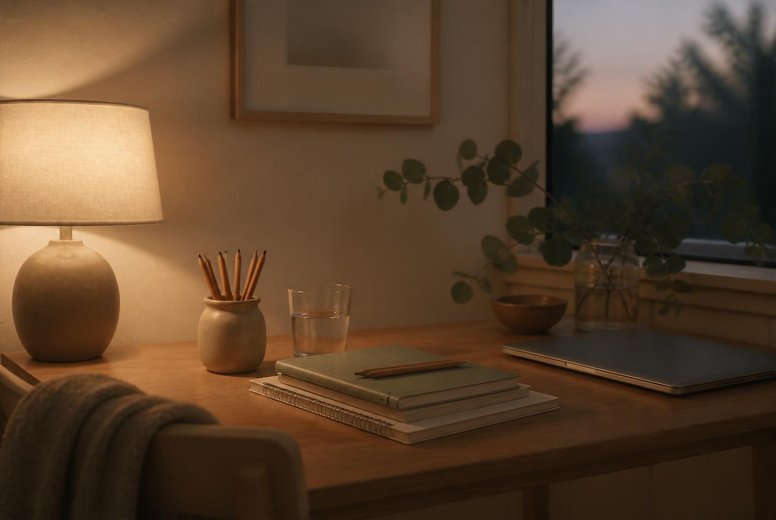 A sharpened pencil and a blank sheet of paper on linen beside a glass of water in soft window light