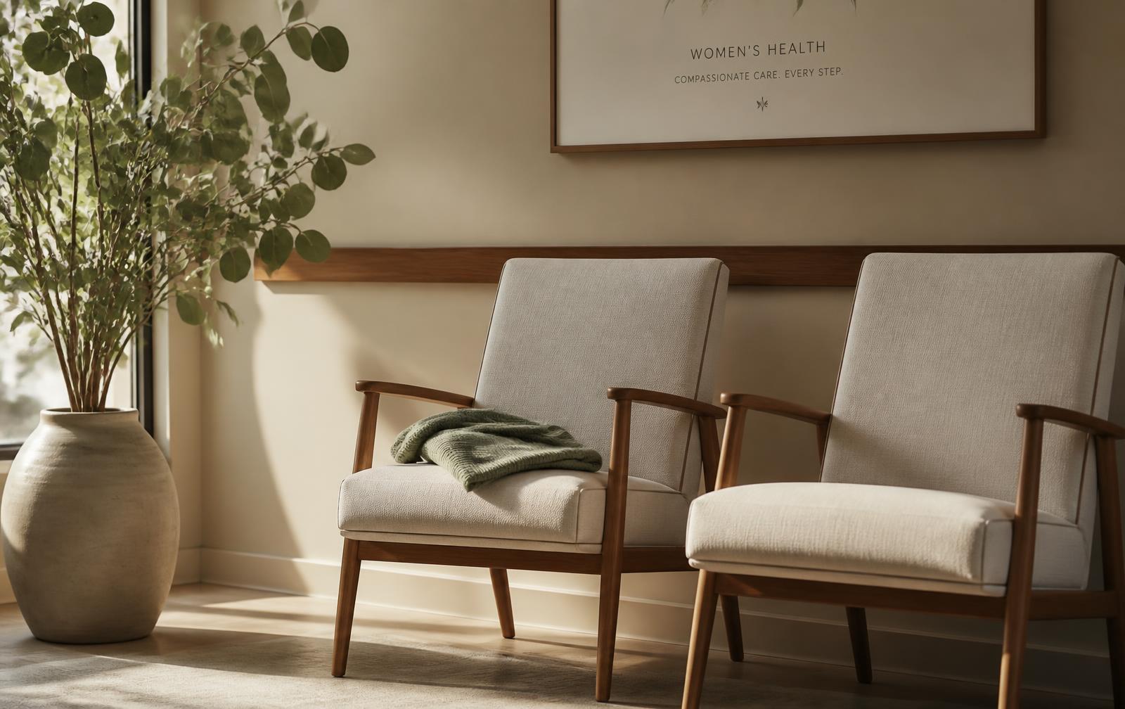 A calm sunlit clinic waiting area with two empty linen chairs and a folded cardigan