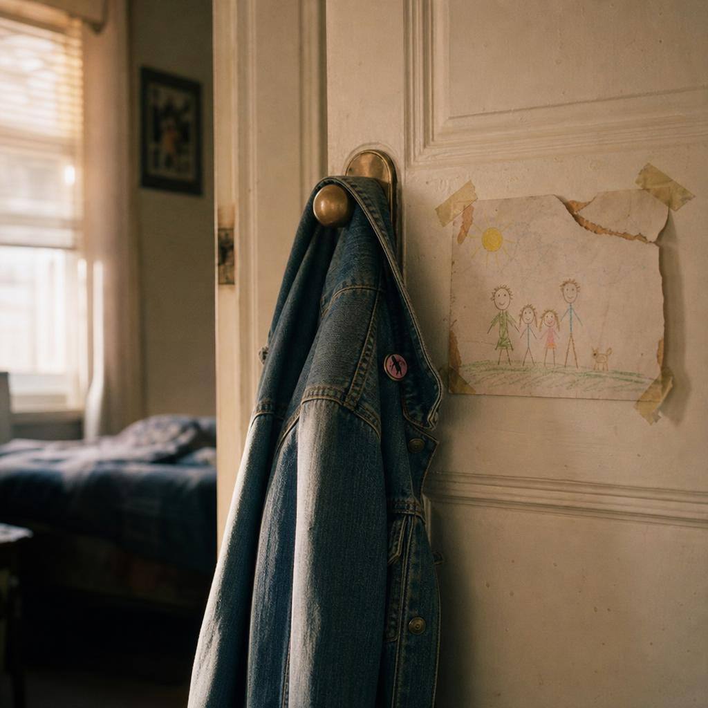 A closed bedroom door with a peeling childhood drawing and a teenage denim jacket on the handle