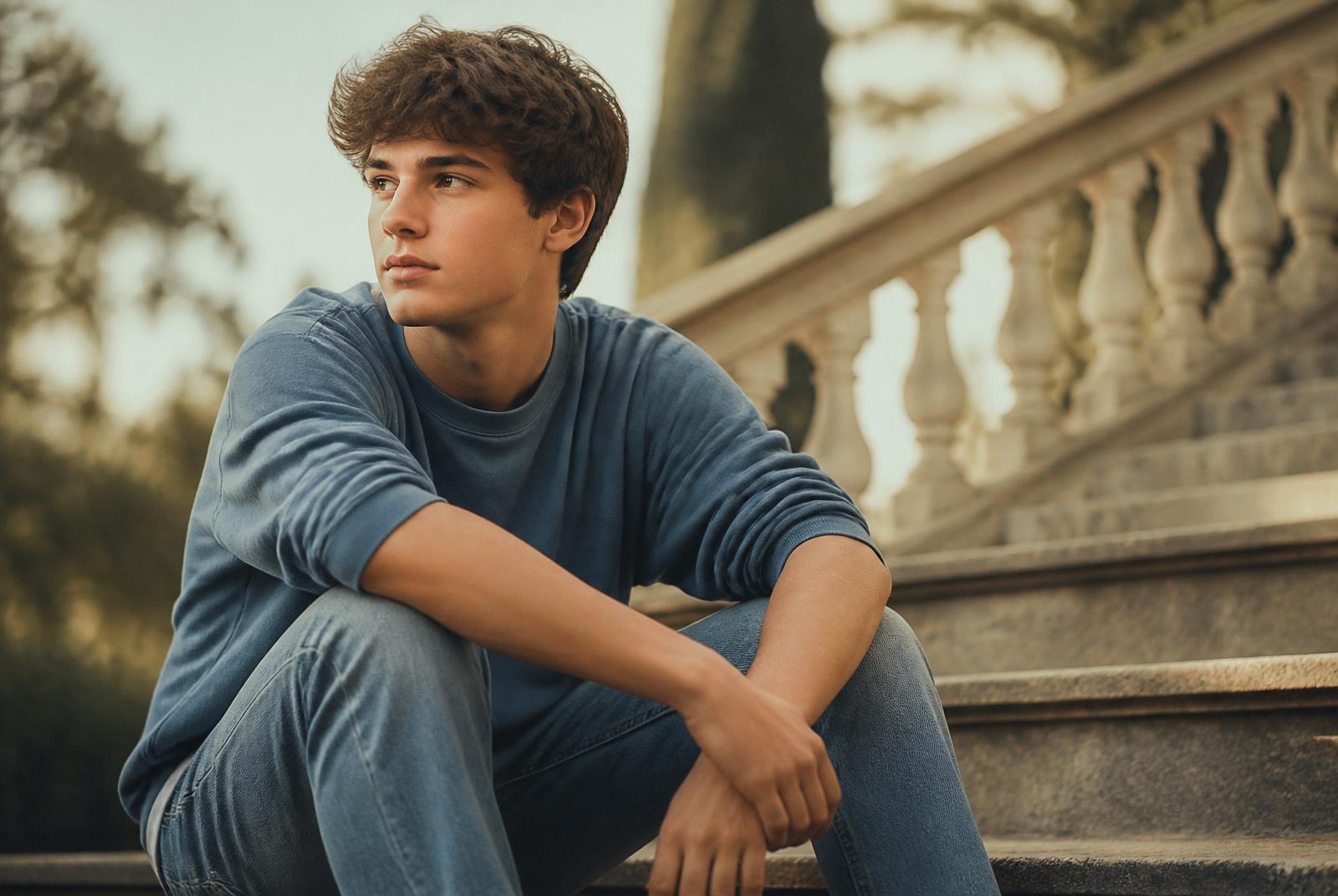 A teenage boy sitting alone on stone steps in late afternoon light