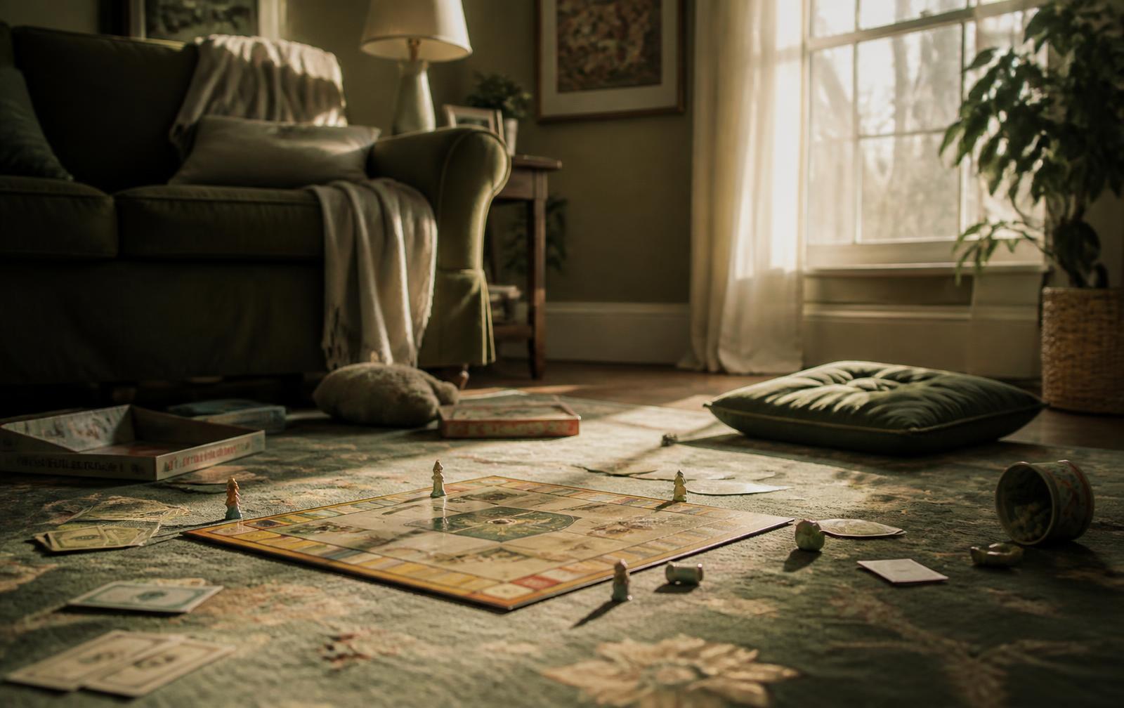 An abandoned board game on a living room rug with pieces knocked over and an empty cushion