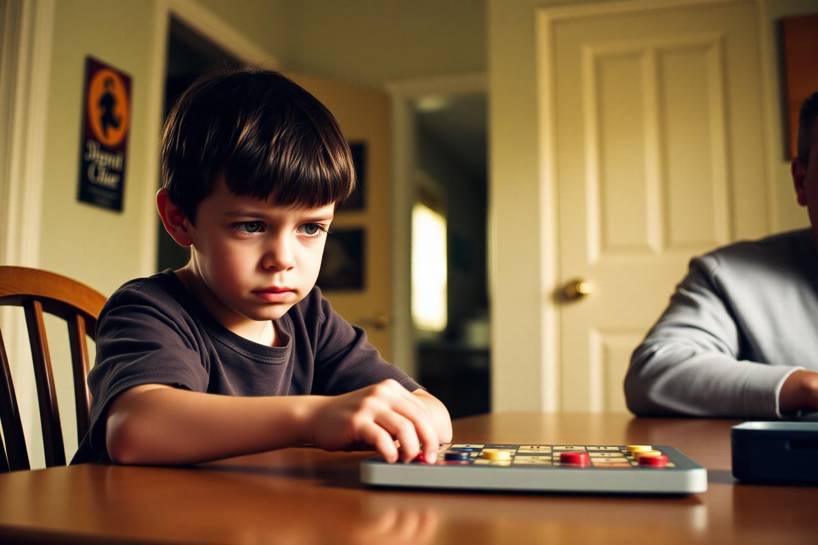 A ten-year-old boy at a kitchen table with a board game between him and a parent, mid-frustration, cards spread across the table in warm light