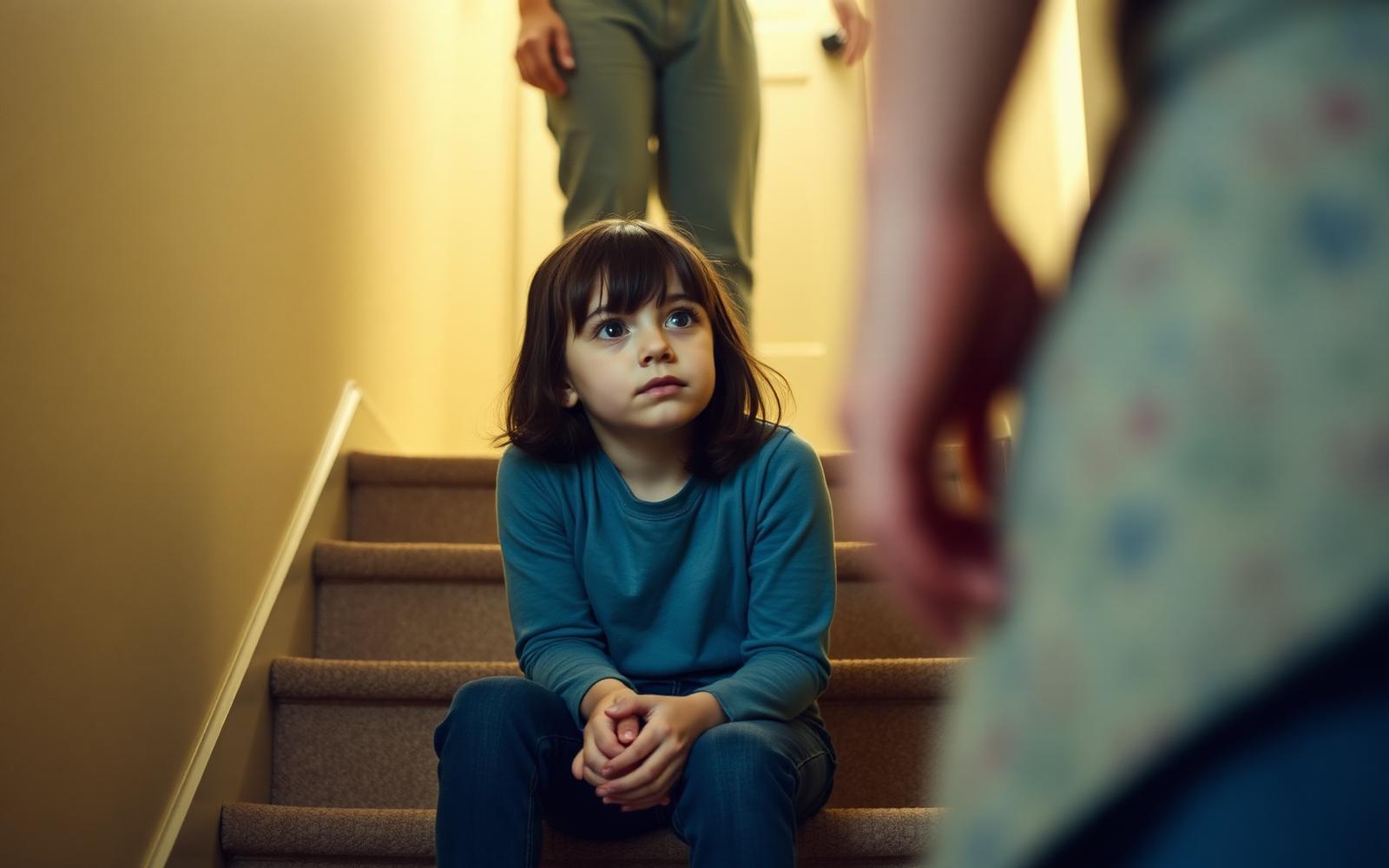 A ten-year-old girl sitting on the stairs looking up at an out-of-focus adult, gentle indoor light