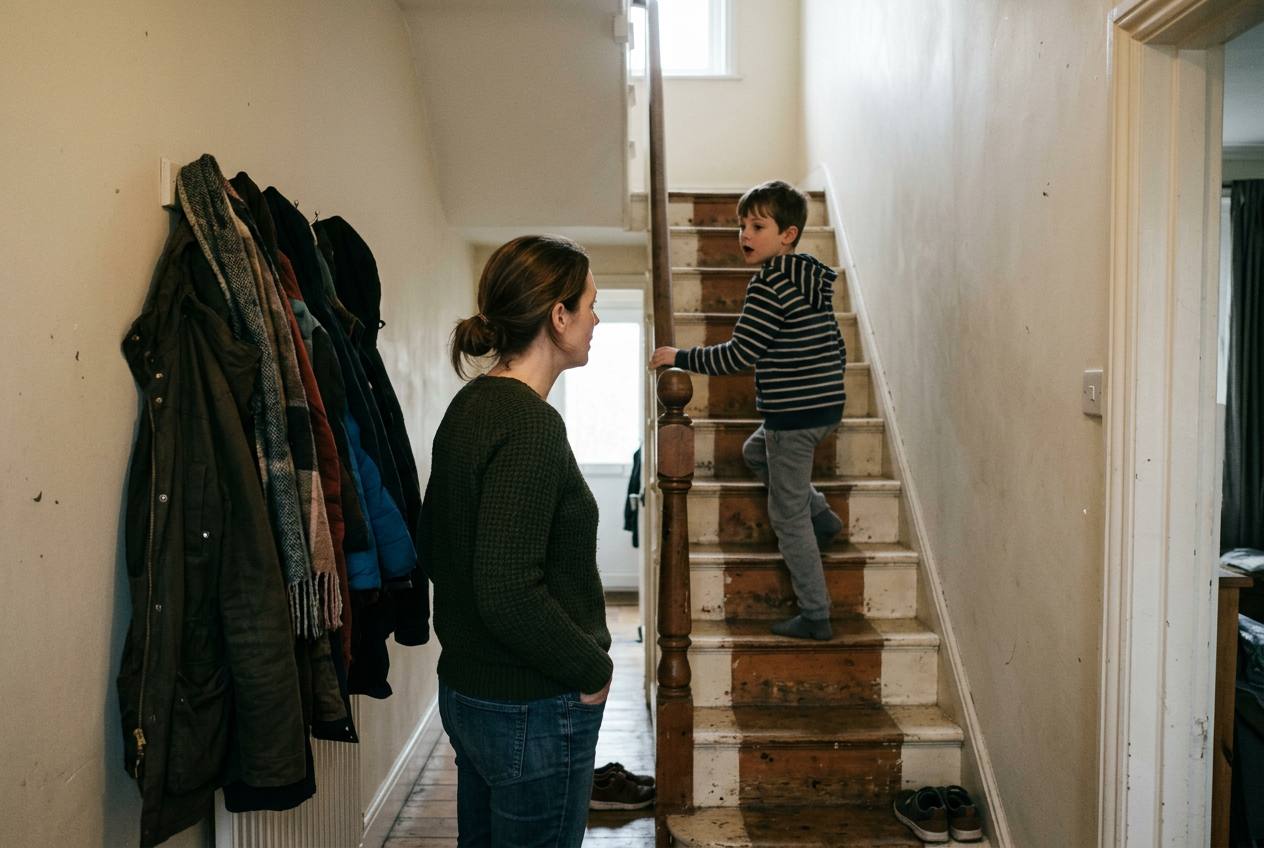 A parent standing calmly in a hallway while their child speaks back over their shoulder from the stairs
