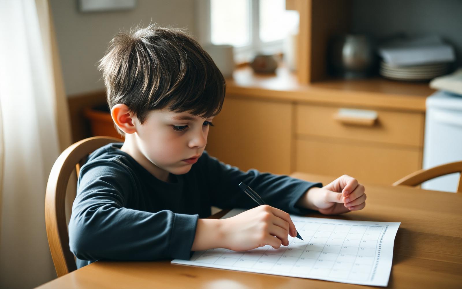 An eleven-year-old boy at a kitchen table studying a paper family calendar with a pen, quietly focused, soft morning light