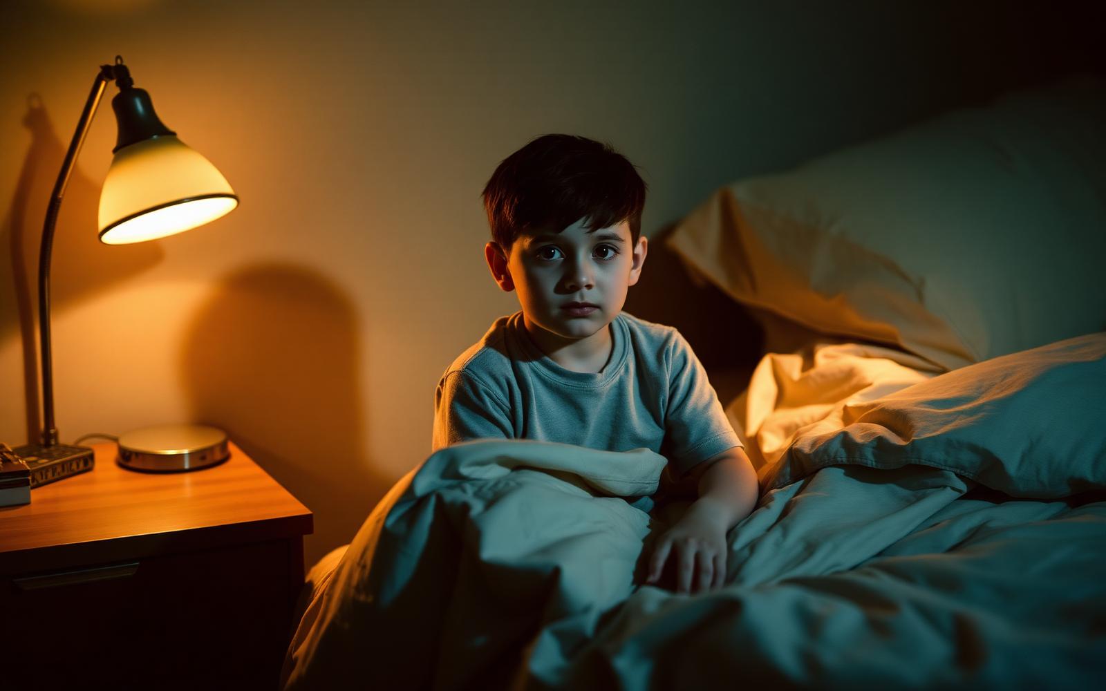 A nine-year-old boy sitting awake on the edge of his bed at night with a warm bedside lamp lit