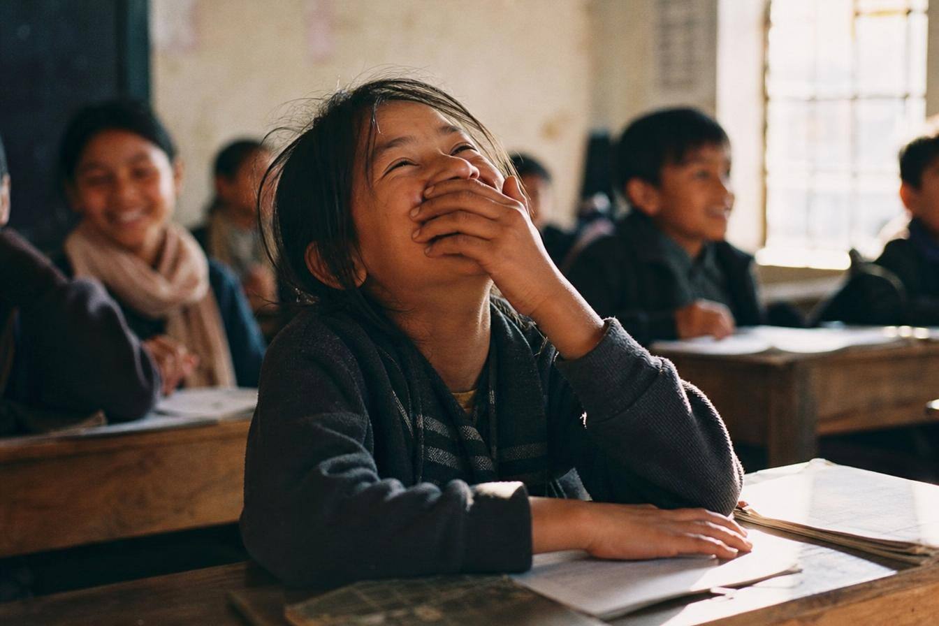A ten-year-old child laughing at a wooden classroom desk, hand over mouth, warm afternoon light across the room